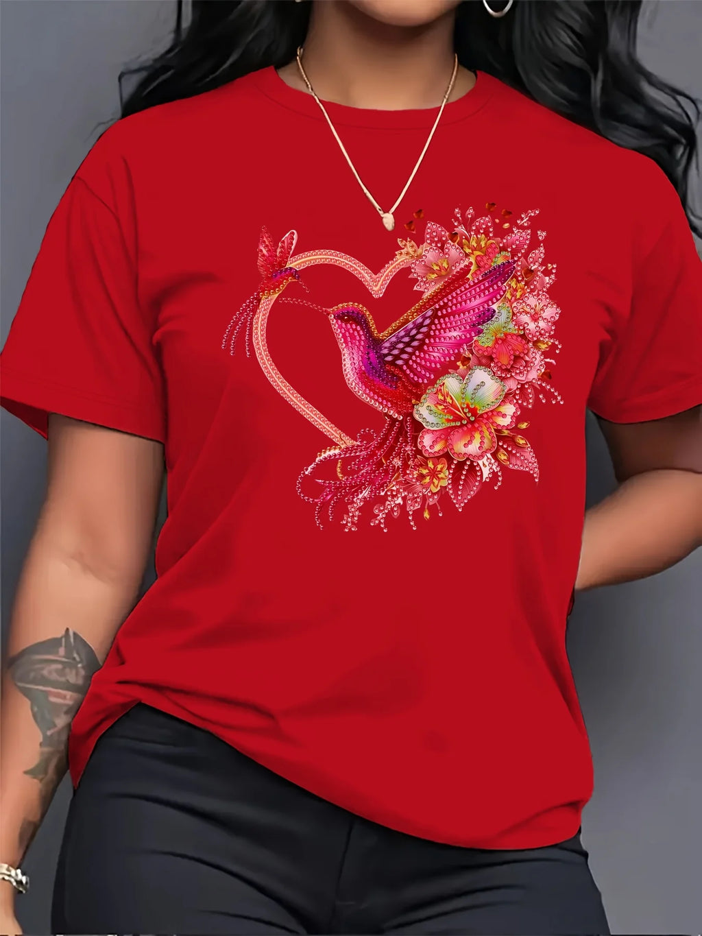 Floral Hummingbird Heart Women's Tee - Boho Graphic, Casual Pink Top