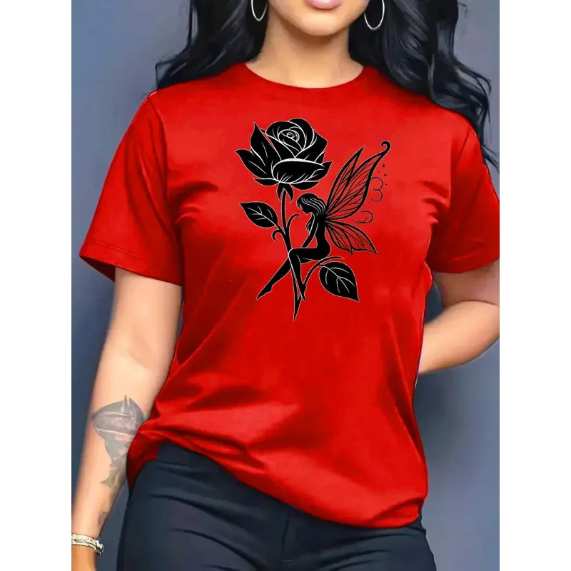 Pure Cotton Breathable Children's T-shirt 2026 Summer Retro Rose Elf Print Casual Parent-child Outfit for Boys and Girls