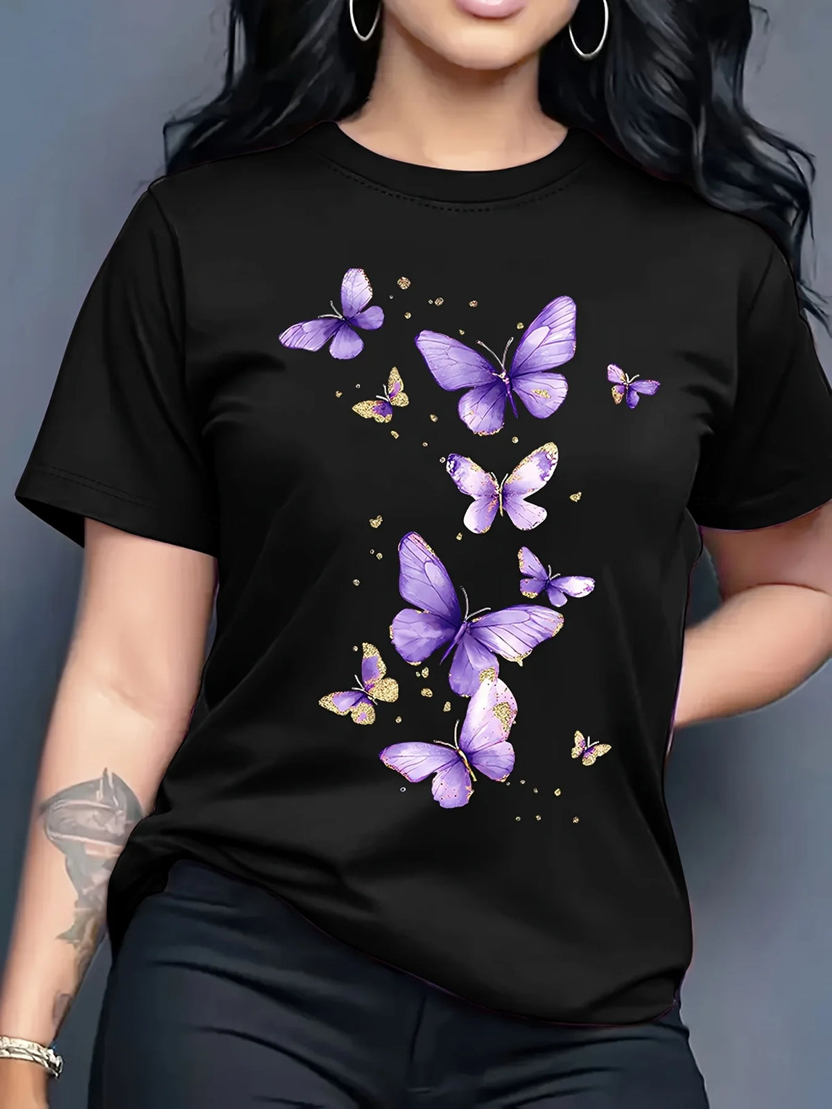 Butterfly Print T-shirt Short Sleeve Crew Neck Casual Top for Summer Spring Women's Clothing Harajuku Short Sleeve Casual