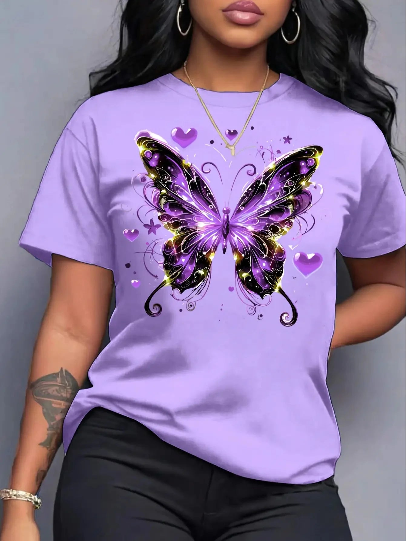 Sparkly Purple Butterfly Women's Tee - Glittery Graphic, Trendy Casual Top