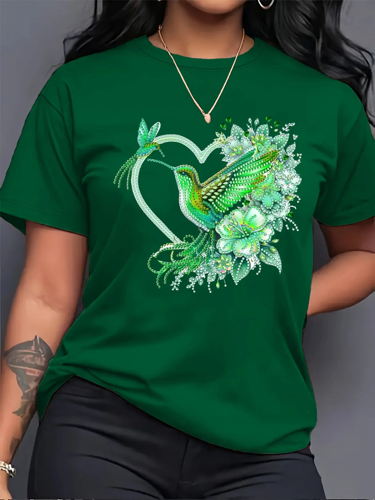 Floral Hummingbird Heart Women's Tee - Boho Graphic, Casual Pink Top