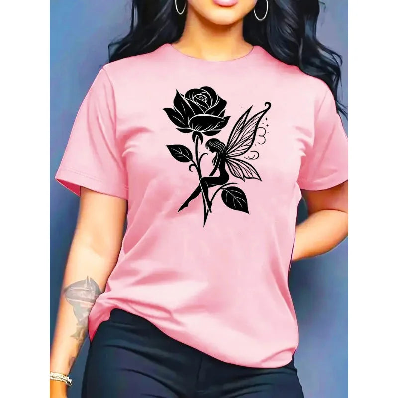 Pure Cotton Breathable Children's T-shirt 2026 Summer Retro Rose Elf Print Casual Parent-child Outfit for Boys and Girls