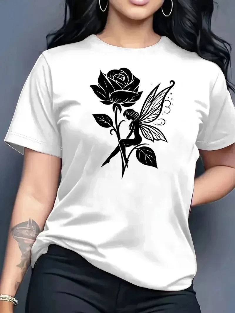 Pure Cotton Breathable Children's T-shirt 2026 Summer Retro Rose Elf Print Casual Parent-child Outfit for Boys and Girls