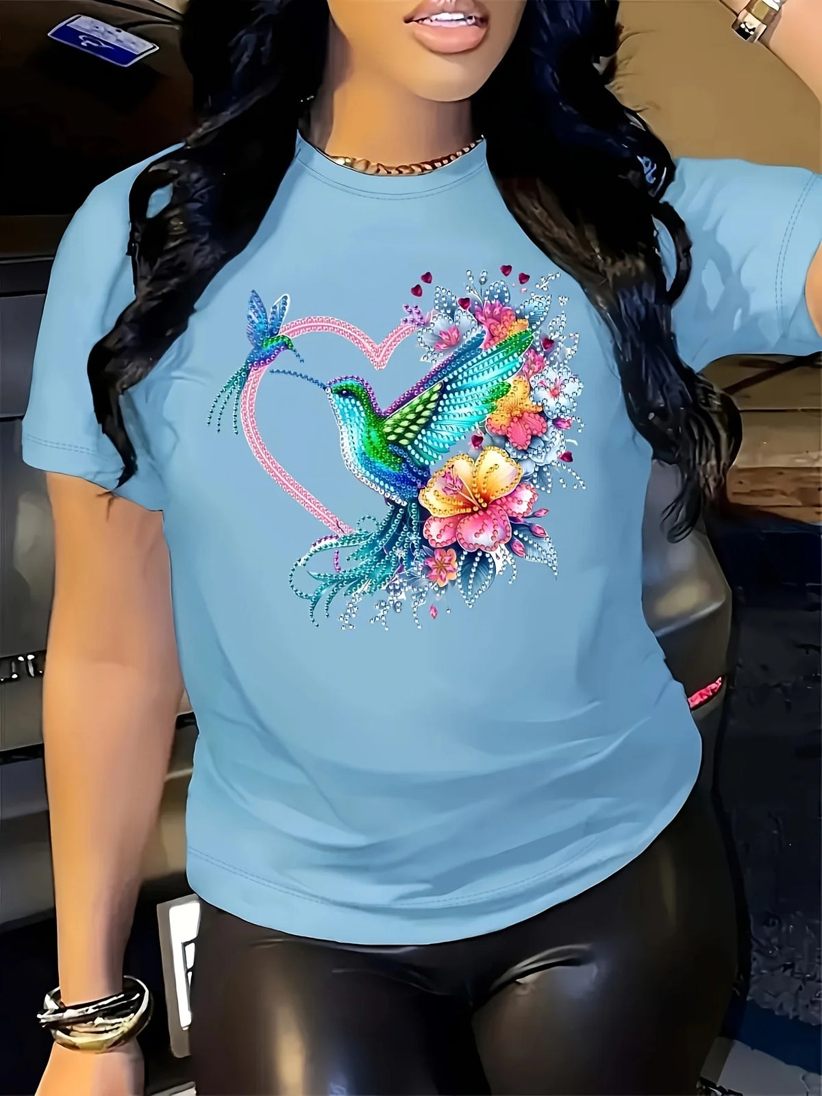 Floral Hummingbird Heart Women's Tee - Boho Graphic, Casual Pink Top