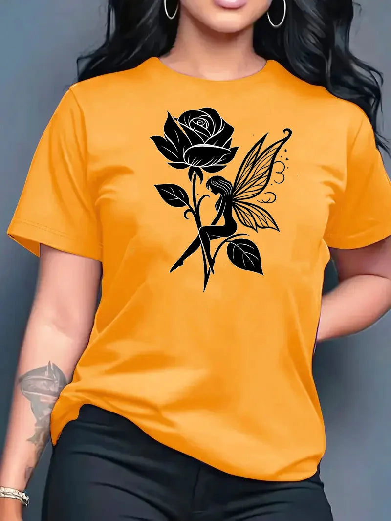 Pure Cotton Breathable Children's T-shirt 2026 Summer Retro Rose Elf Print Casual Parent-child Outfit for Boys and Girls
