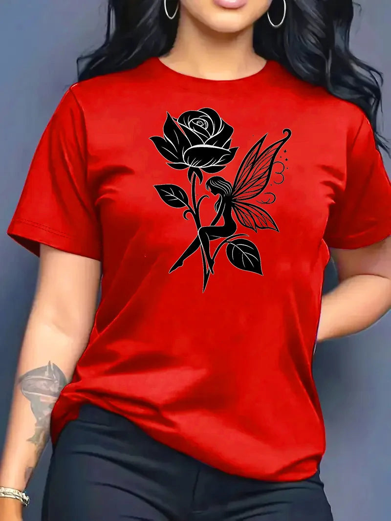 Pure Cotton Breathable Children's T-shirt 2026 Summer Retro Rose Elf Print Casual Parent-child Outfit for Boys and Girls