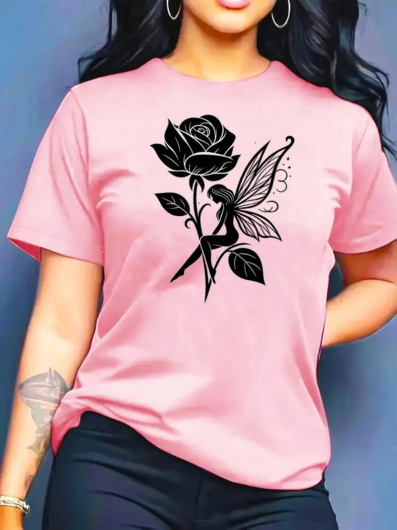Pure Cotton Breathable Children's T-shirt 2026 Summer Retro Rose Elf Print Casual Parent-child Outfit for Boys and Girls